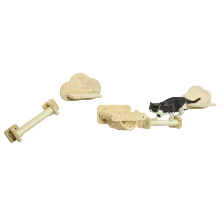PawHut Muro para Escalar para Gatos, 5 Piezas Escaleras para Gatos con 2 Postes Rascadores, 2 Plataformas, Poste Rascador para Gatos con Funda de Felpa, Hamaca, Interior, Beige - 1