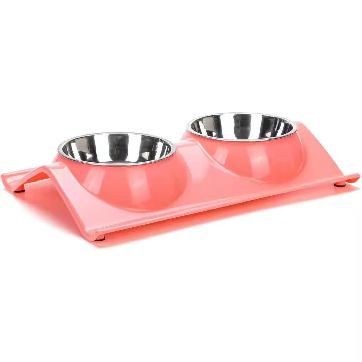 Comedero elevado antideslizante para perros y gatos con dos cuencos de acero inoxidable (rosa) - 1