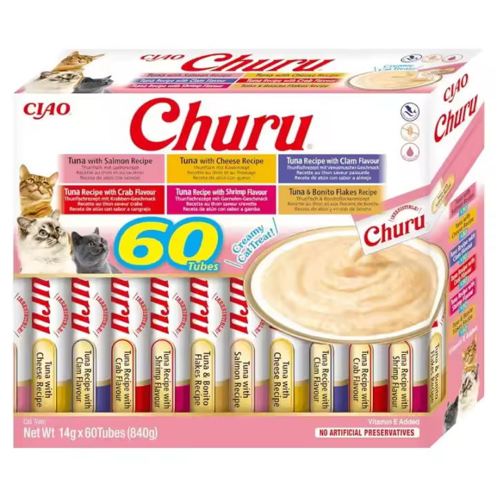 CHURU- INABA- Premios para Gatos - Snacks de varios Sabores - Sin Cereales 60x14g - Deliciosos premios saludables para gatos de todas las edades - 1
