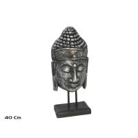 Gissed- Estatua Decorativa de Buda, Cabeza de Madera Plateada con Base, Estilo Zen Asiático para Hogar - details 1