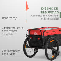 HOMCOM 2 en 1 Remolque de Bicicleta para Carga 40 kg Carro de Mano con Bandera Mango de Empuje Desmontable Marco de Acero y Reflectores 130x64x103 cm Negro y Rojo - details 4