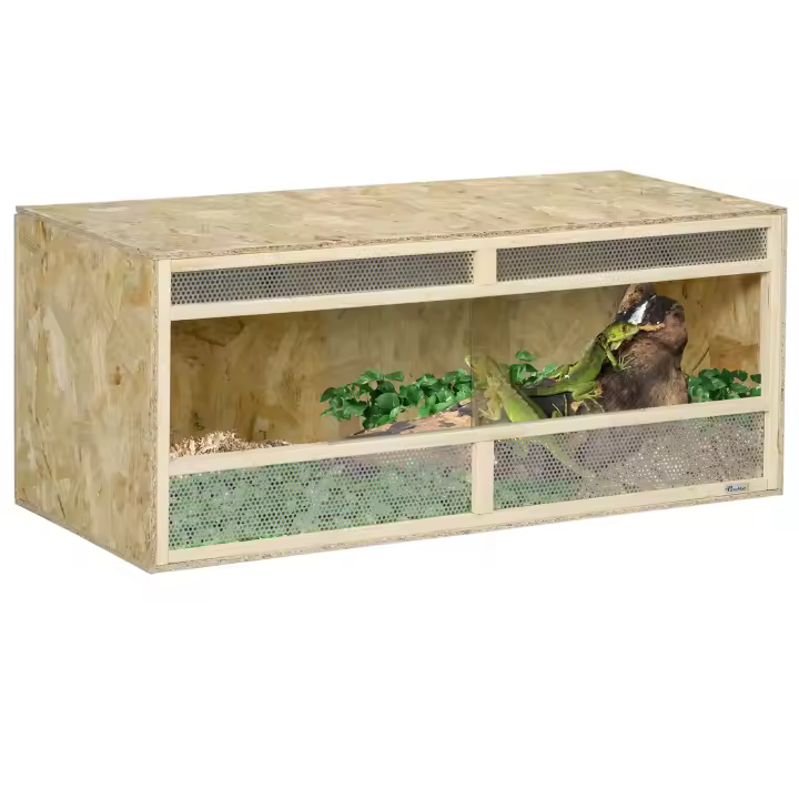 PawHut Terrario para Reptiles, Comedero para Reptiles con Rejilla de Ventilación, Puertas Correderas de Vidrio, Caja de Cría para Anfibios, Araña, Natural, 120 x 50 x 50 cm - 1