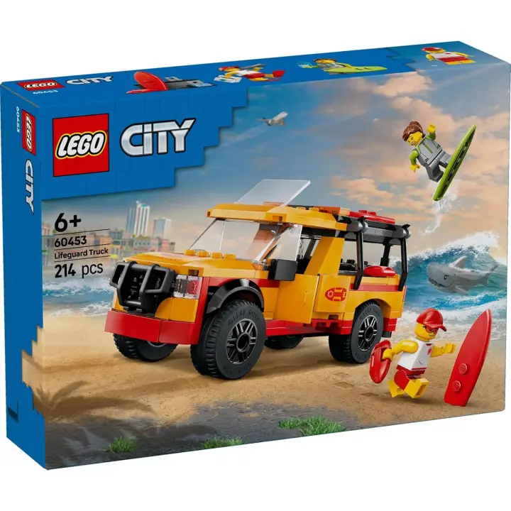 LEGO City Furgoneta de Rescate del Socorrista y Tiburón de Juguete, Juego de Playa con 2 Minifiguras y Accesorios como Tabla de Surf y Aletas, Regalo para Niños y Niñas de 6 Años o Más (60453) - 1