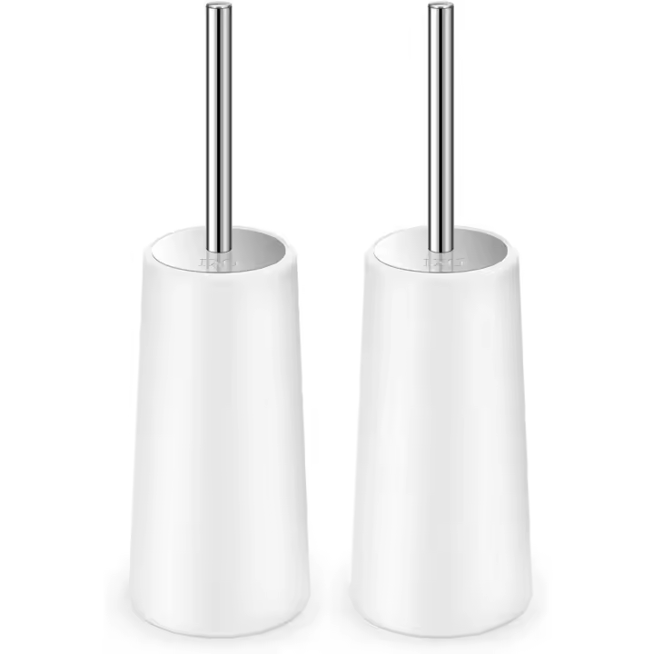 Cepillo de inodoro y soporte, paquete de 2 cepillos de inodoro con mango largo de acero inoxidable 304, cepillo de inodoro para baño (blanco) - 1
