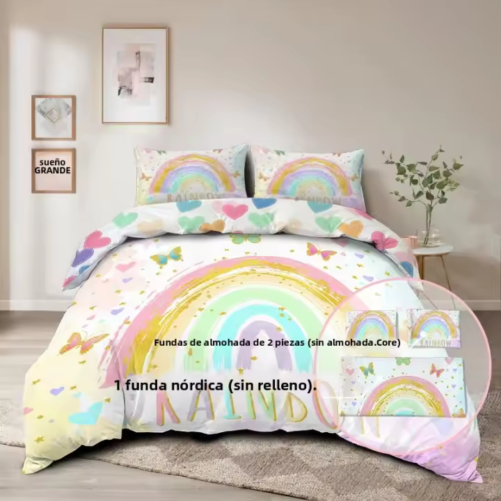 Funda De Edredón Butterfly Rainbow 3PC Doble Colchón Cómodo Y Suave Tela De Poliéster 100% Impresión Digital Para Cama Twin/Full/Double/Queen/King Sin Relleno - 1