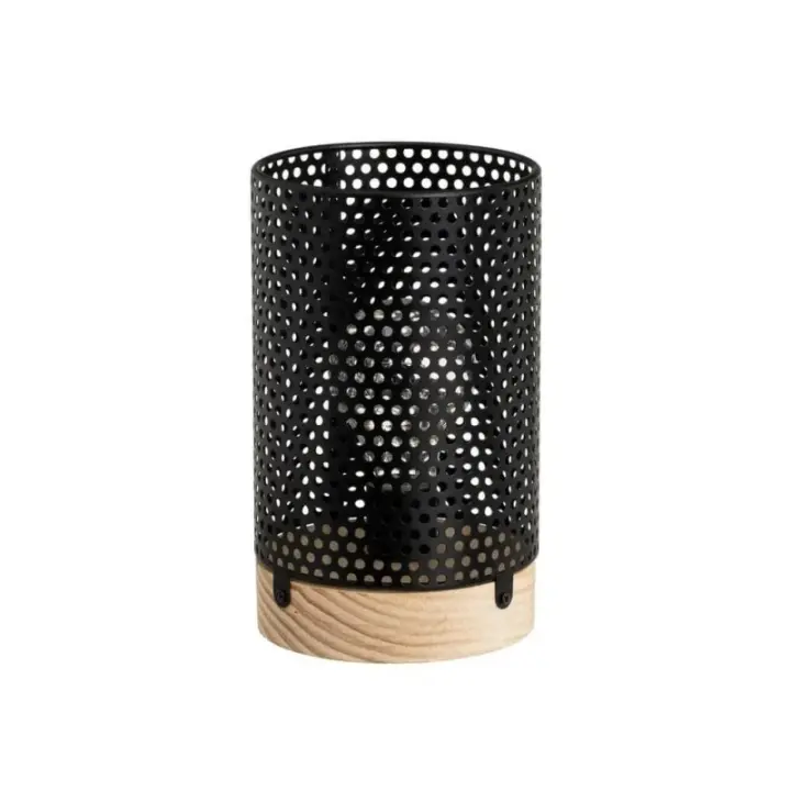 Dcasa Lámpara de mesa decorativa a pilas con rejilla de metal negro y madera de Ø 11x18 cm - 1