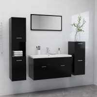 vidaXL Juego de muebles de baño madera de ingeniería en color Negro/Blanco brillante/Blanco | almacenamiento funcional diseño moderno para baño dormitorio sala - details 0