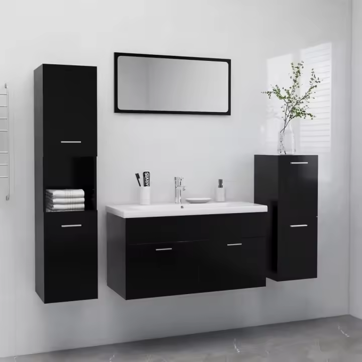 vidaXL Juego de muebles de baño madera de ingeniería en color Negro/Blanco brillante/Blanco | almacenamiento funcional diseño moderno para baño dormitorio sala - 1