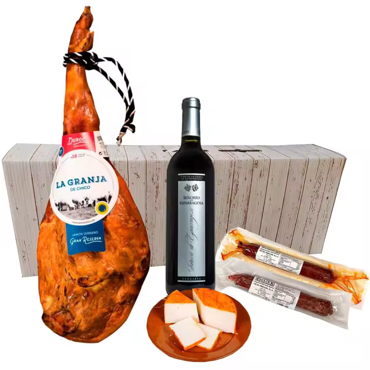 Cesta de Navidad con Jamón duroc gran reserva, Vino, Queso de cabra y productos Ibéricos. Lote de productos ibéricos completo para regalar o para auto consumo. - 1