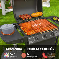 Outsunny Barbacoa de Gas BBQ Gas con 3+1 Quemadores 9,5 kW Barbacoa Portátil con Termómetro Mesa Lateral Estante Especiero Parrilla Recogedor de Grasa 2 Ruedas para Jardín Exterior Camping Negro - details 3