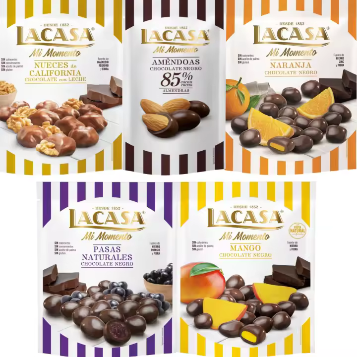 Lacasa Mi Momento pack de 5:Almendra 85% 65G,Nueces Leche 115G,Pasas choco Negro 150G,Naranja choco Negro 125G,Mango choco Negro 115G - 1