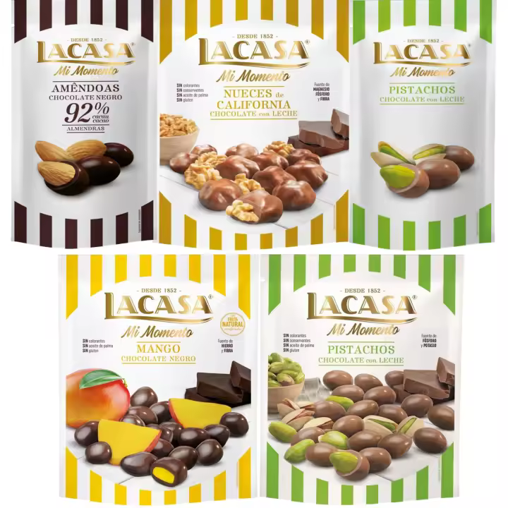 Lacasa Mi Momento pack de 5:Pistacho Chocolate Leche,Almendra 92% ,Nueces Chocolate Leche ,Pistacho Chocolate Leche ,Mango Chocolate Negro - 1
