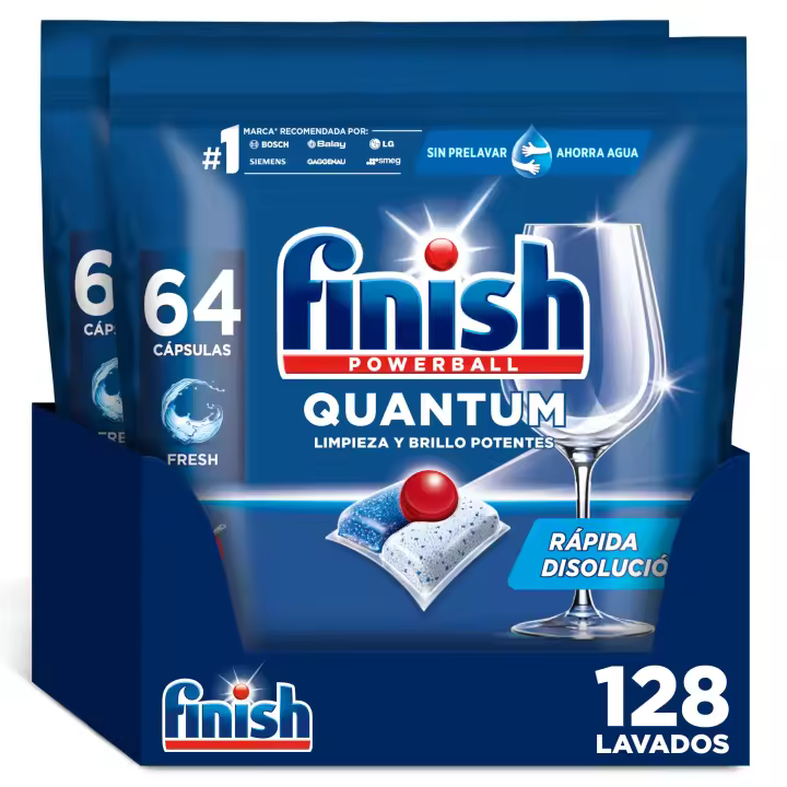 Finish Powerball Quantum Limpieza y Brillo Potentes, Pastillas para lavavajillas, aroma Regular, 128 lavados - 1