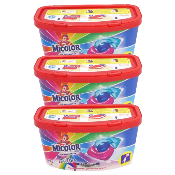 OFERTA PACK AHORRO MICOLOR Detergente en Cápsulas 10 Lavados X 3 = 30 LAVADOS. fórmula para ropa de color. Olvídate de separar la colada gracias a su protección contra decoloraciones. protege el color, sino que también alisa las fibras de la ropa - 1