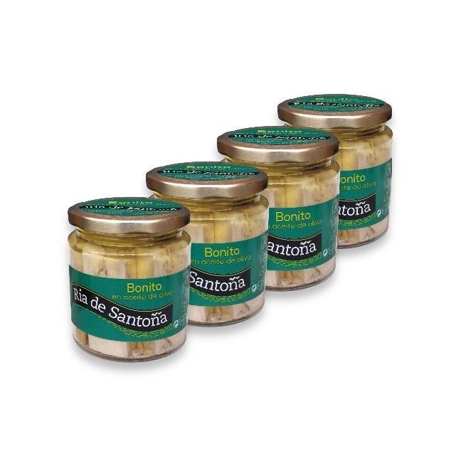 Bonito del norte en conserva Ría de Santoña 220 gr.(PACK 4) elaborado artesanalmente con bonito del norte pescado en el mar Cantábrico, envasado en aceite de oliva virgen extra y sal, garantizando frescura y un sabor excepcional en cada tarro.