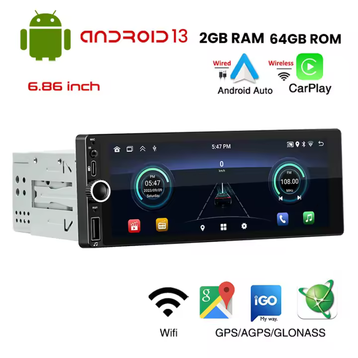 Radio con GPS para coche, reproductor Multimedia con Android, 1 Din, inalámbrico, CarPlay, Wifi, Bluetooth, FM, RDS, USB, pantalla de 6,86 pulgadas - 1