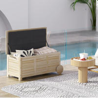 Outsunny Baúl de Almacenaje Exterior 185L Arcón de Jardín de Madera Impermeable con Tapa Abrible 2 Ruedas Cuerdas de Lino Bisagras Metálicas y Forro Interno 110x50x50 cm Natural - details 1