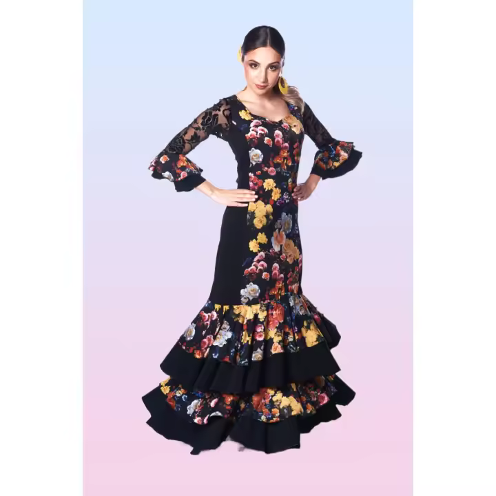Vestido estampado floral de cuatro volantes bajeros - 1