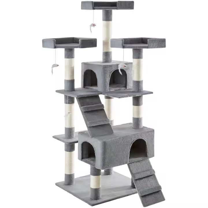 Tectake - Rascador para gatos BARNEY, 2 casetas para gatos con felpa para mayor suavidad, Varias alturas, 3 plataformas para descansar - 1