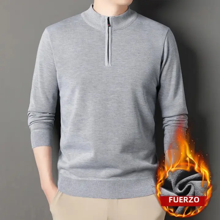 Suéter De Punto Para Hombre Con Cierre De Cremallera Media Y Manga Larga De Fleece Estilo Casual Color Sólido Top Transversal - 1
