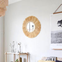 Espejo Decorativo Boho De Madera Con Tejido De Raffia Y Bola De Hilo Pequeña Decoración Para El Hogar Y Sala De Estar Estilo Forestal - details 9
