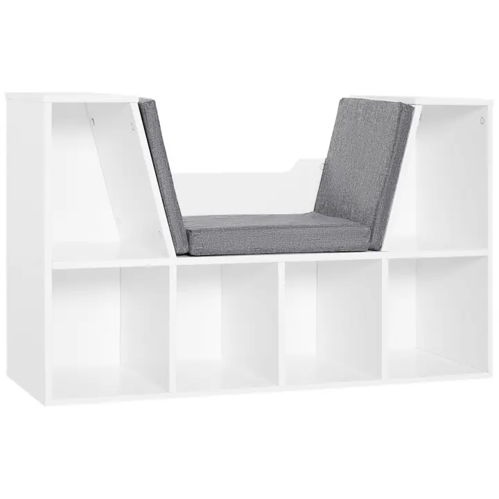 HOMCOM Librería con Asiento, Estantería de Libros con 6 Cubos, Estantería Almacenamiento con Banco con Cojín, Multiusos para Sala de Estar, Oficina, Dormitorio, 102x30x61cm, Blanco y Gris - 1