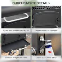 Parrilla de Carbón para Barbacoa de Jardín con Tapa Hermética, Rejilla Ajustable, Ahumador Integrado, Placa Caldera, Estante Lateral y Carro with Ruedas Resistentes - Estructura de Metal Durable - details 4