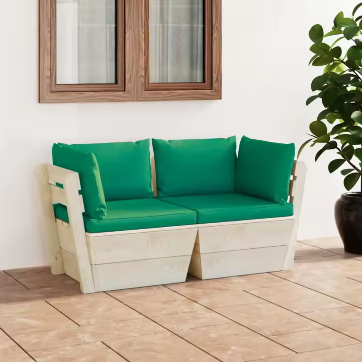 vidaXL Sofá de palets de jardín 2 plazas con cojines madera de abeto en color Verde brillante/Azul claro/Antracita y más | acolchados duraderos para sofás de jardín terraza exterior - 1