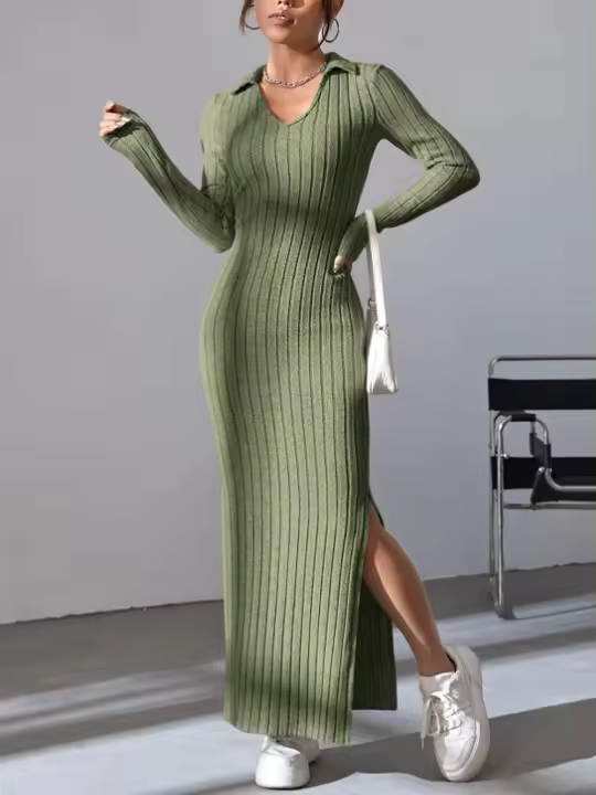Nuevo Estilo De Vestido De Punto Slim Para Mujer Primavera Verano 2024 Manga Larga Color Sólido Ajustado Silueta De Traje De Oficina - 1