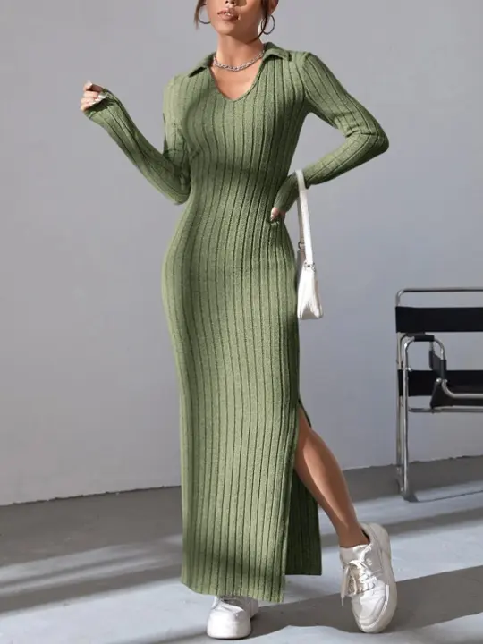 Nuevo Estilo De Vestido De Punto Slim Para Mujer Primavera Verano 2024 Manga Larga Color Sólido Ajustado Silueta De Traje De Oficina - 1