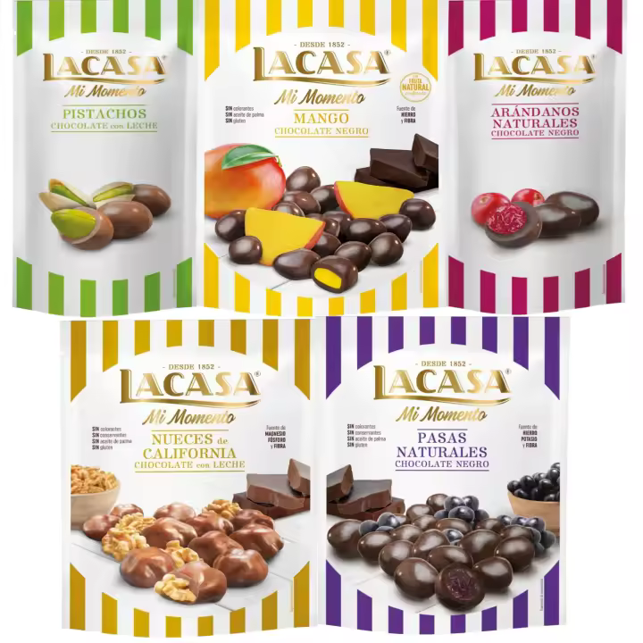 Lacasa Mi Momento pack de 5:Arándano Chocolate Negro ,Pistacho Chocolate Leche,Nueces Chocolate Leche ,Pasas Chocolate Negro ,Mango Chocolate Negro - 1