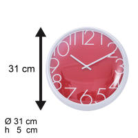 Reloj de Pared Redondo. Tamaño: 31cm diámetro x 5cm grosor. Reloj color Rojo y Blanco. Reloj en Pared Estilo Moderno con Números Grandes. Funciona con Pilas. Perfecto para Sala de Estar, Cocina, Comedor, Despacho, Escuela, Oficina, Dormitorio, Bar - details 0
