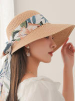 Sombrero De Sol Para Mujer Grande Con Hojas Y Lazo Protección Solar Y Sombra De Vacaciones De Verano Para La Playa - details 0