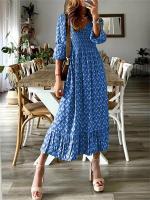 Vestido Largo Para Mujer Con Estampado Verde Y Acolchado Estilo Europeo Otoño 2024 Moda Oficina Lady Cuello V Manga Puff Polyester - details 13