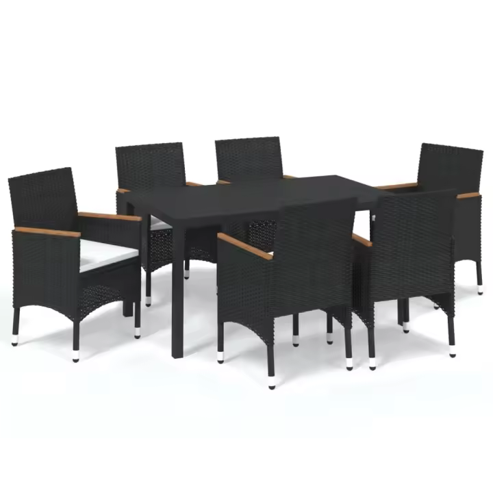 vidaXL Set de comedor de jardín 7 pzas y cojines ratán sintético negro - 1