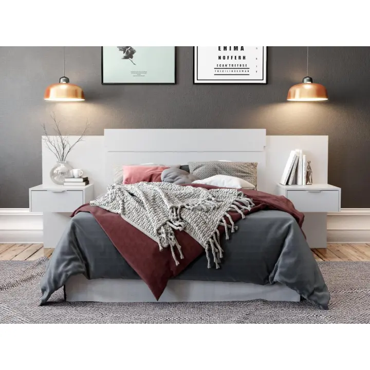 Vente-unique - Cabecero extensible con mesas de noche - 140/160 cm - Blanco - PARATI - 1