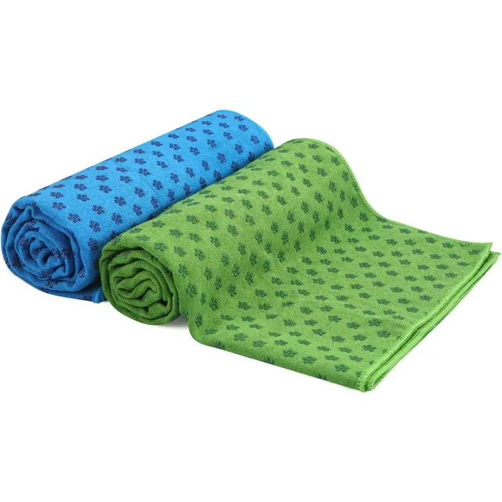 toallas de yoga secas y antideslizantes (azul y verde) con bolsa de transporte de malla, extralargas (62 x 183 cm/24,4 pulgadas x 73 pulgadas) Toalla de yoga con agarre de puntos - 1