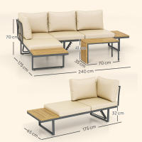Outsunny Conjunto de Muebles Jardín Exterior Sofás de Exterior en Forma de L Tumbona con 2 Sofás de 3 Plazas Asiento Ajustable y Mesa de Madera de Acacia Versátil con Cojines Beige y Gris - details 2