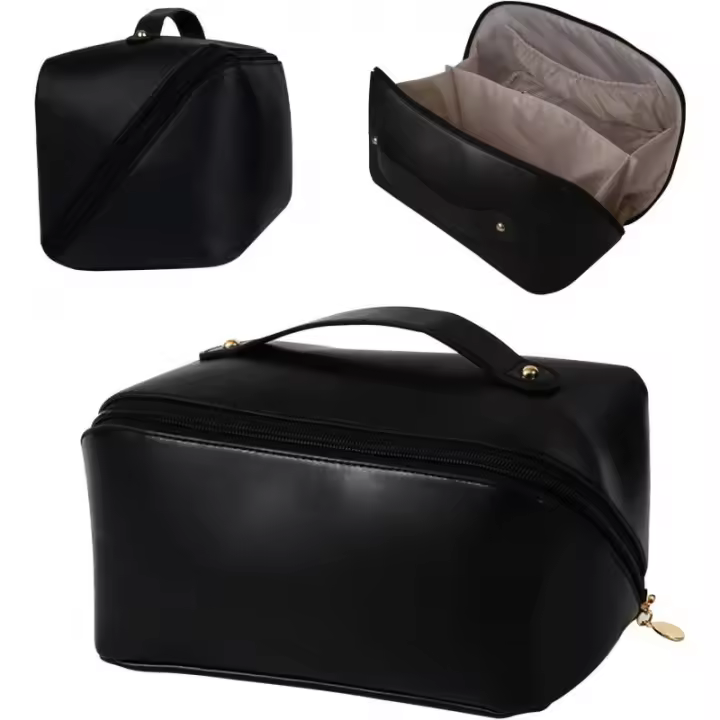 Bolsa de Maquillaje, Bolsa de Cosméticos Impermeable Bolso de Viaje PU Cosméticos Bolsa de Cosméticos de Viaje de Gran Capacidad con Divisor Bolsa Portátil para Viajes Negro - 1