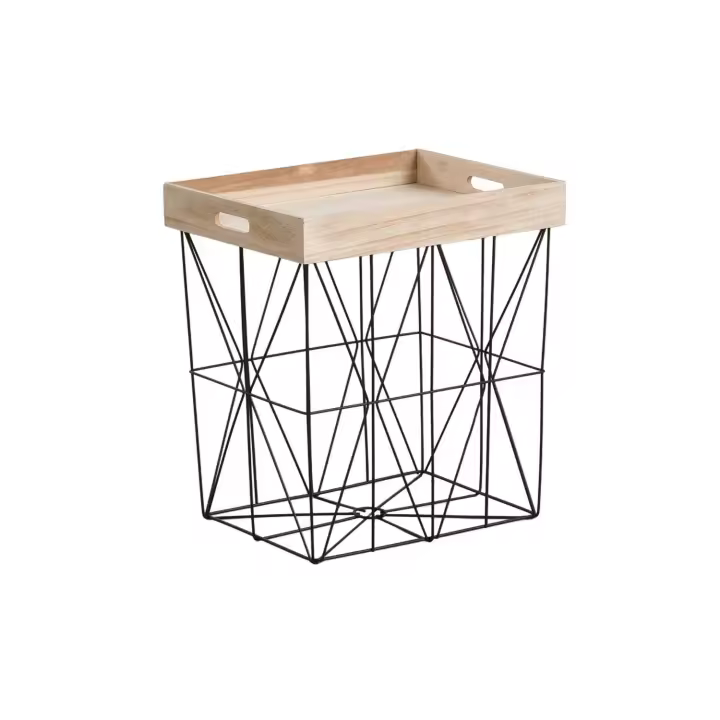 Thinia Home - Mesita Auxiliar Cuadrada Tray, Metal/Madera Paulownia, Hogar, Salón, Comedor, Dormitorio, Recibidor, Cesta de Almacenaje, Tapa Extraíble, Diseño Industrial, 41,5x32x47cm, Beige/Negro - 1