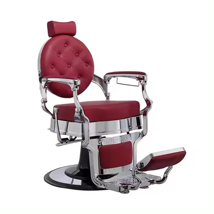 Sillón Clásico de Barbero hidráulico estilo Retro Vintage con reposapies integrado Modelo Buzz Silver Burdeos - 1