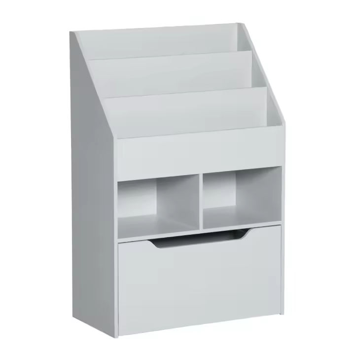 HOMCOM Estantería Infantil de Madera con 3 Compartimentos 2 Cubos y Cajón Móvil con 4 Ruedas Librería Infantil para Habitación de Niños Sala de Juegos 60x29,9x90 cm - 1