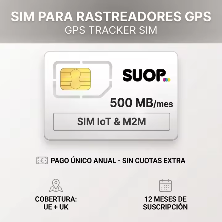 SUOP - Tarjeta SIM prepago para Rastreador GPS | 500MB/Mes x 12 Meses | Cobertura  2G/3G/4G Multioperador Europa + Reino Unido  | Pago Único | Sin Cuotas | Sin PIN | GPS coche, moto, camión, mascotas... - 1