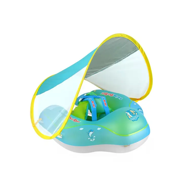 No Flip Over Baby Pool Float with Canopy UPF50+ Sun Protection, Inflatable Baby Float with Sponge Safety Support Bottom, Fun Gifts Water Toys Accessories Baby Swim Floats for Pool 3-36 Months - 1
