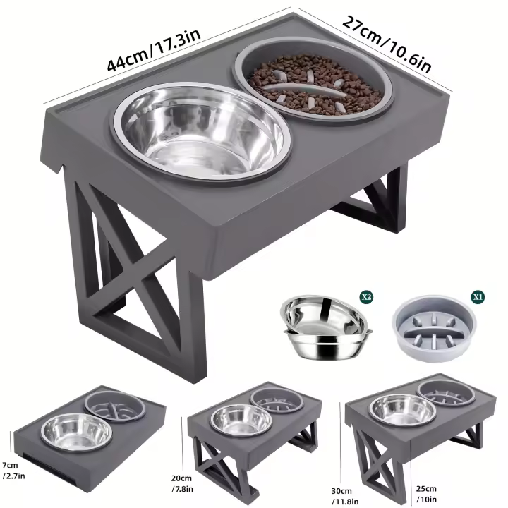 Cuencos dobles para perros, soporte de 3 niveles de altura ajustable, plato de alimentación lenta para perros medianos y grandes, mesa elevada para comida y agua - 1