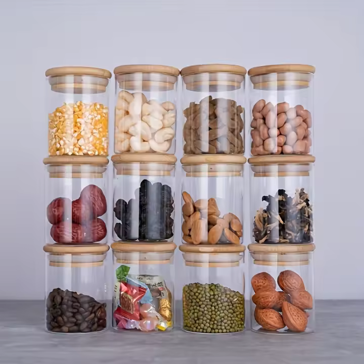 Jars De Pimienta De Vidrio Con Tapa De Bambú Airtight 8oz Etiquetas Negras Para Condimentos Sal Azúcar Set De 12 Piezas - 1