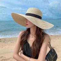 Sombrero De Sol Para Mujer Y Hombre Color Sólido De Moda Con Rhinestone 14cm Grande Paja Resistente Al Sol Plegable Para Playa Y Viajes - details 15