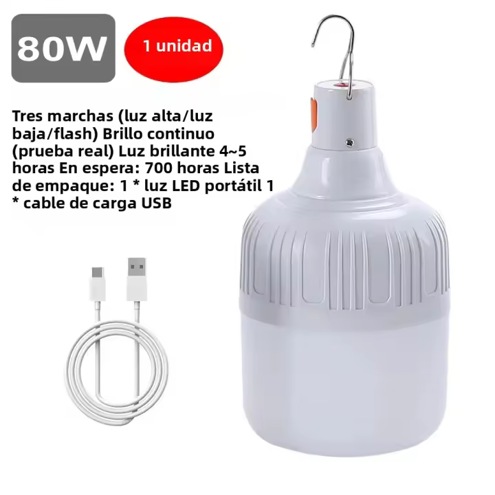 Lámpara Portátil LED De 80W Recargable USB Para Camping Y Emergencias Con Gancho Y Luz Nocturna Para Tiendas Y Uso Exterior Pack De 10 - 1