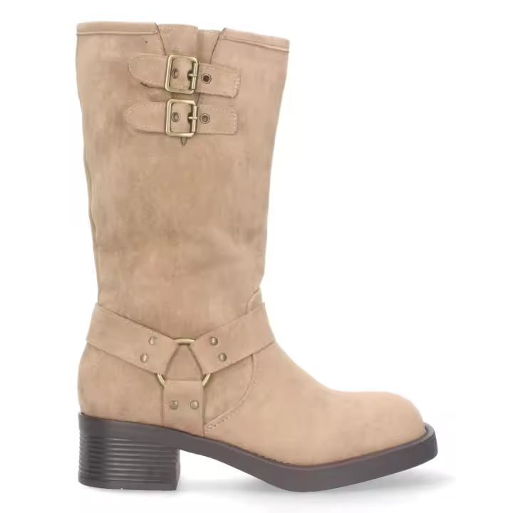 PuntoSalao Botas altas planas estilo moteras biker para mujer color beige - 1