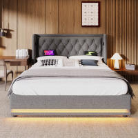 Cama Doble Tapizada 180x200 cm con Base Hidráulica de Almacenamiento - Material Algodón Gris, Cabeza Tapizada with Carga USB Typo-C y Función LED en 3 Lados (Colchón no Incluido) - details 0